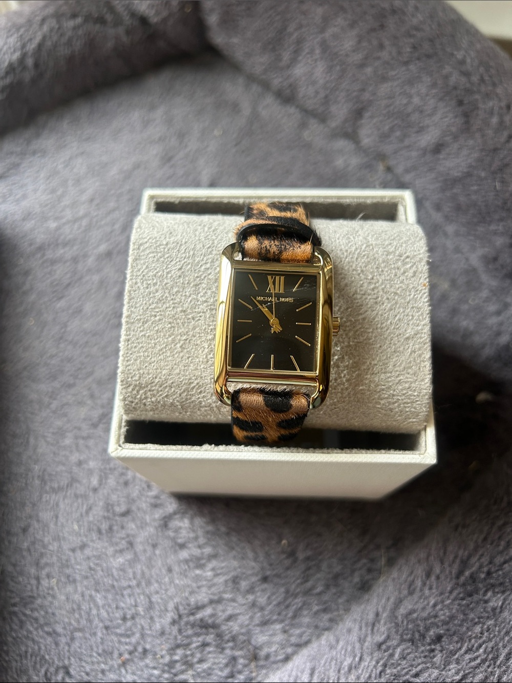 Michael Kors Gold-Tone Watch with Black Dial and Leopard Print Strap